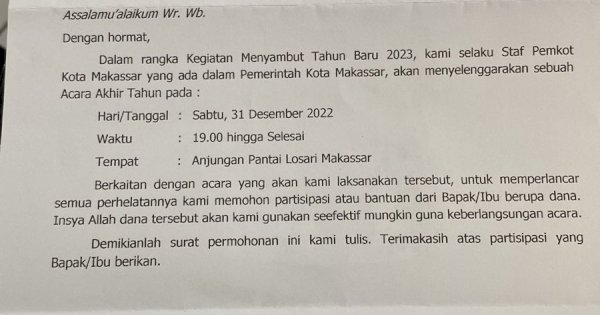 Palsu! Proposal Permintaan Dana Tahun Baru dari Pemkot Makassar Beredar