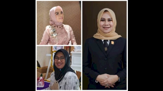 Kiri Atas: Rismawati Kadir Nyampa (RKN), Ketua DPC Demokrat Gowa, Kiri Bawah: Husniah Talenrang (HT), Ketua DPD PAN Gowa, Kanan: Andi Tenri Indah Darmawangsyah (Ketua DPC Gerindra Gowa). Foto: Kolase Instagram 