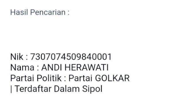 NIK PPS terpilih Desa Bonto Tengnga Andi Herawati yang terdaftar dalam Sipol sebagai anggota Partai Golkar. Foto: Tangkap layar infopemilu.kpu.go.id