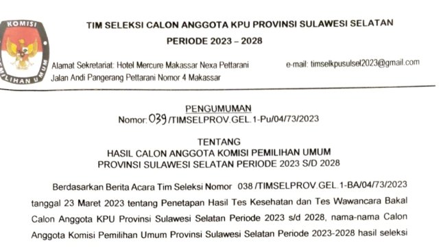 Daftar Calon Komisioner KPU Sulsel Yang Lolos, 11 Pria dan 3 Wanita