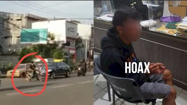 Foto kiri pengendara motor menerobos iring-iringan Presiden Jokowi, Rabu (29/3) di Jl Bawakaraeng. Foto kanan disebut pelaku penerobos yang ditangkap adalah hoax. Ist