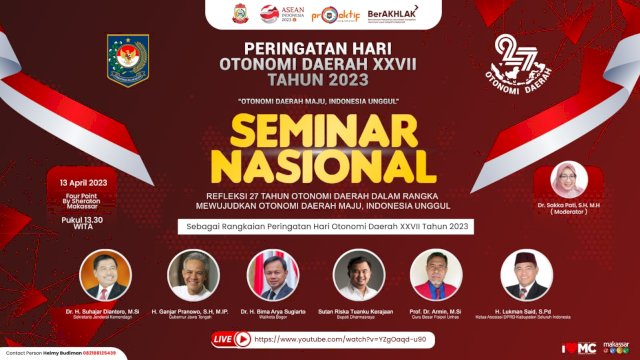 Seminar Nasional Refleksi 27 Tahun Otonomi Daerah akan Dihadiri 500 Peserta