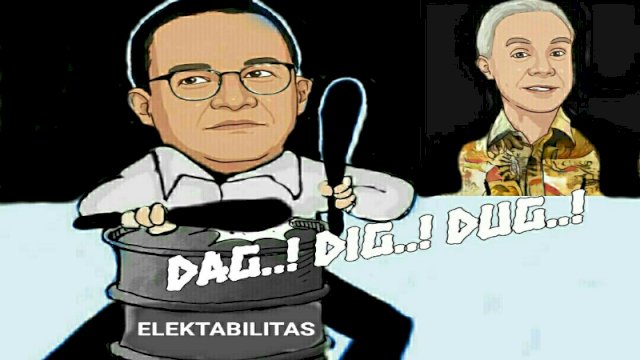 Karikatur elektabilitas Anies Baswedan dan Ganjar Pranowo (Dodi/harian.news)