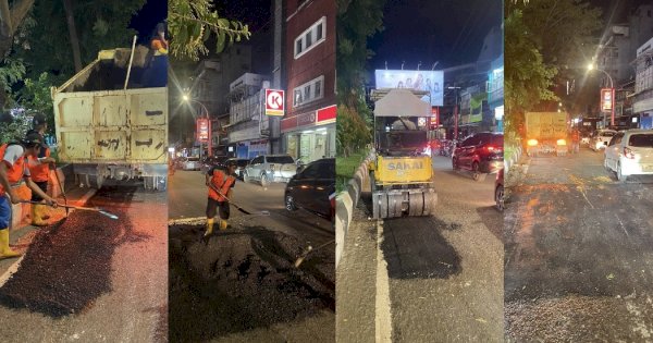 Satgas Sapu Lubang Dinas PU Makassar Beraksi di Jalan Penghibur
