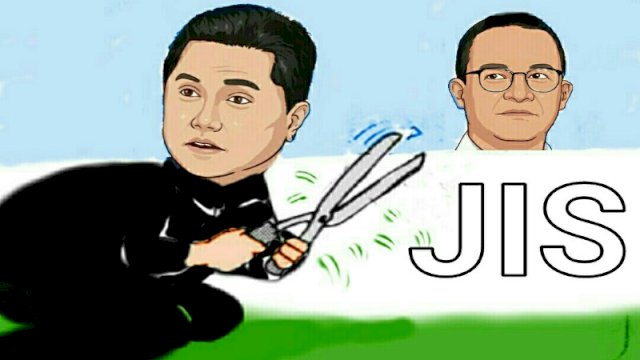 Karikatur Anies Baswedan dan Erick Thohir Soal Rumput JIS (Dodi/harian.news)