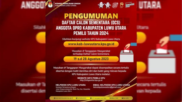 KPU Luwu Utara umumkan 372 DCS peserta Pileg 2024. 