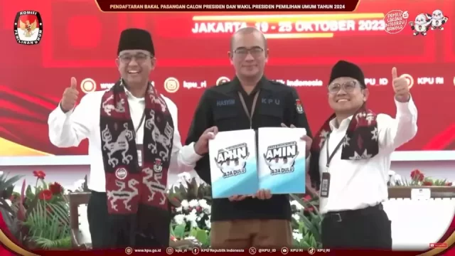 Pasangan Anies Baswedan dan Muhaimin Iskandar (Cak Imin) secara resmi terdaftar sebagai pasangan calon presiden dan wakil presiden peserta Pilpres 2024. Foto:Tangkap Layar Youtube KPU RI