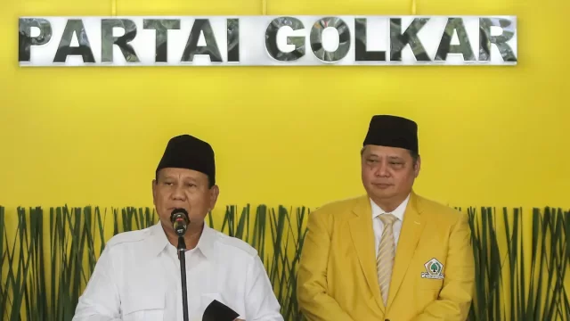 Prabowo membawakan pidato di syukuran HUT Golkar. Foto: ist
