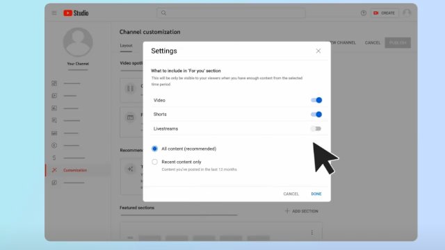 Seting "For You" di Beranda YouTube Studio. Foto:tangkap layar X@TeamYouTube