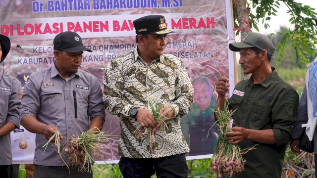PJ Gubernur Sulsel Bahtiar Baharuddin berbincang dengan petani bawang merah Enrekang. Foto: dok 