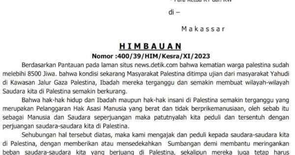 Pemkot Makassar Keluarkan Himbauan Donasi Palestina, Masyarakat Diajak Sedekah Lewat Masjid