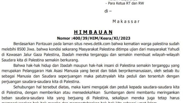Pemkot Makassar Keluarkan Himbauan Donasi Palestina, Masyarakat Diajak Sedekah Lewat Masjid