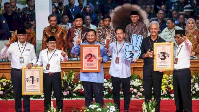 Capres dan Cawapres Pemilu 2024, dari kiri Paslon urut 1 Anies Baswedan-Muhaimin Iskandar, paslon urut 2 Prabowo Subianto - Gibran Rakabuming Raka dan paslon urut 3 Ganjar Pranowo - Mahfud MD. Foto:Ist