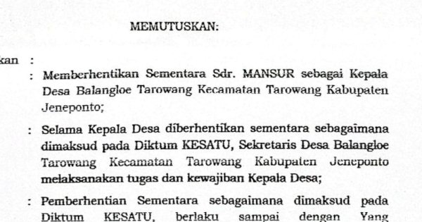 Kadis PMD Jeneponto Sebut Pemberhentian Sementara Kades Balangloe Tarowang Sudah Tepat