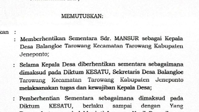 surat edaran pemberhentian salah satu Kades di Jeneponto. Foto: dok HN