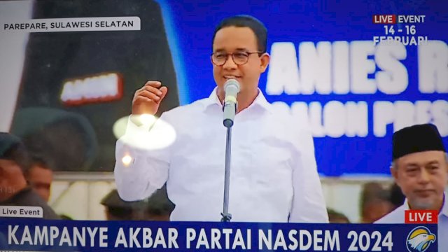 Capres nomor urut 01, Anies Baswedan saat kampanye di Parepare. Foto: tangkapan layar