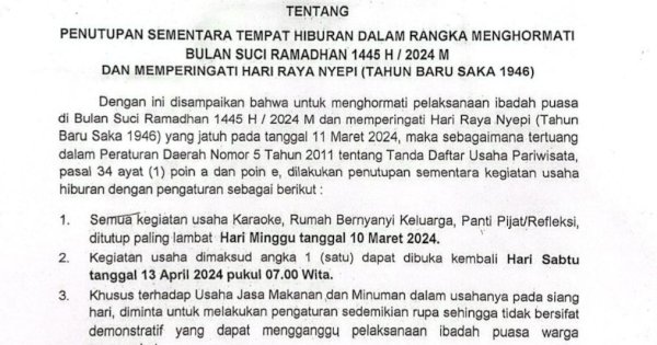 Bulan Suci Ramadhan, Usaha Hiburan di Makassar Tutup Mulai 10 Maret 2024