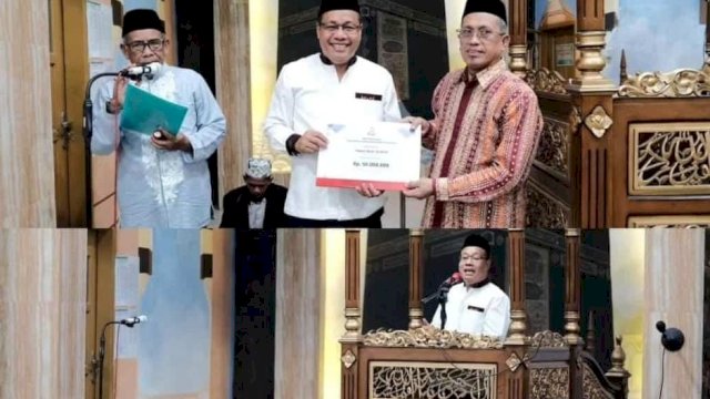 DANA HIBAH. Sekretaris DPRD Kota Makassar H. Dahyal kembali menyalurkan bantuan dana hibah di Masjid Al Amin. (Foto: dok)