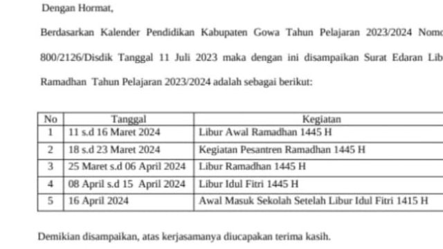 kutipan surat edaran Disdik Gowa mengenai info libur lebaran. Foto: dok HN