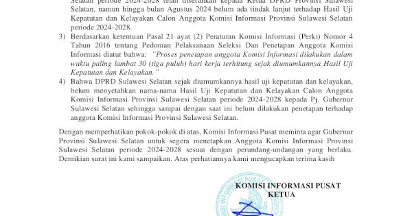 Tak Kunjung di Tetapkan KI Pusat Layangkan Surat Ke Gubernur Sulsel