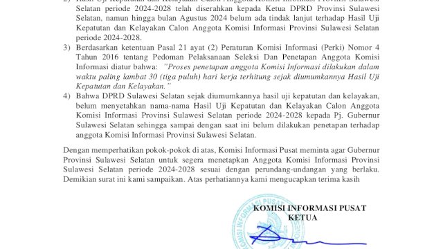 Tak Kunjung di Tetapkan KI Pusat Layangkan Surat Ke Gubernur Sulsel