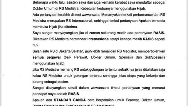 Surat dokter Diani Kartinii untuk RS Medika. dok Ist