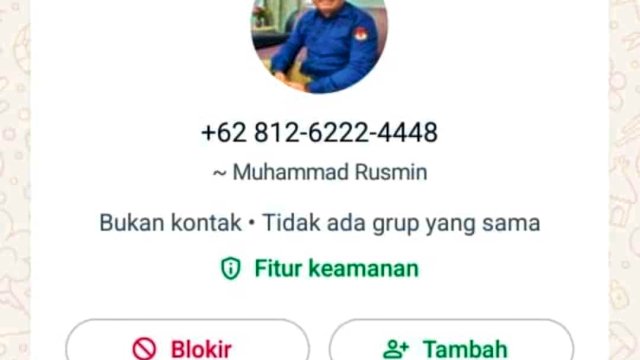 Tangkapan layar nomor telepon dan WA palsu mengatasnamakan Ketua KPU Sinjai, Muhammad Rusmin ||