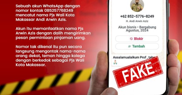 Waspada Penipuan! Nomor WhatsApp Palsu Catut Nama Pjs Wali Kota Makassar
