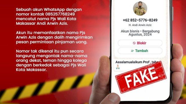 Waspada Penipuan! Nomor WhatsApp Palsu Catut Nama Pjs Wali Kota Makassar