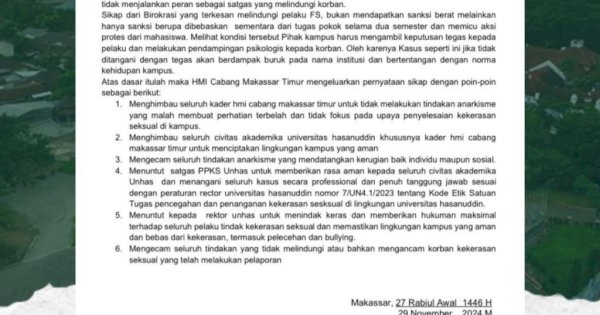 Sikapi Kasus Pelecehan Seksual Oknum Dosen FIB, HMI Cabang Maktim Keluarkan Tuntutan ke Rektor Unhas