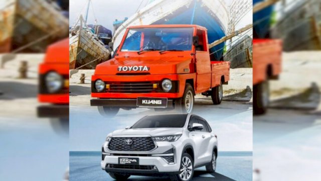 Toyota Kijang generasi pertama yang menjadi pelopor sejak 1977 (atas), Toyota Innova Zenix, generasi terbaru dengan teknologi hybrid canggih (bawah) ||gridby_harian.news