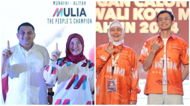 Foto Kolase Paslon Pilwalkot Makassar Nomor Urut 1, Munafik Arifuddin - Aliyah Mustika Ilham (Kiri) dan Paslon Nomor Urut 3, Indira Yusuf Ismail - Ilham Fauzi Amir Uskara (kanan), Dok HN.