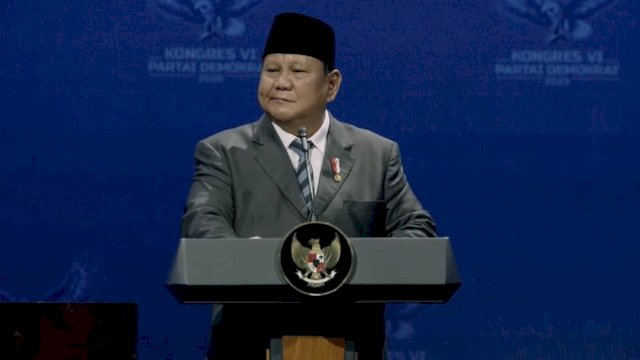 Presiden RI Prabowo Subianto dalam Kongres Partai Demokrat, Selasa (25/2) di Jakarta. Foto: Tangkapan layar youtube Partai Demokrat