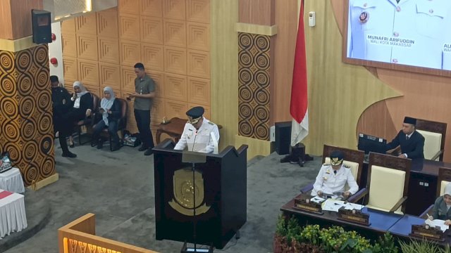 Wali Kota Makassar, Munafri Arifuddin saat menyamoaikan pidato pada Sertijab Wali Kota Makassar. Foto: HN/Sinta