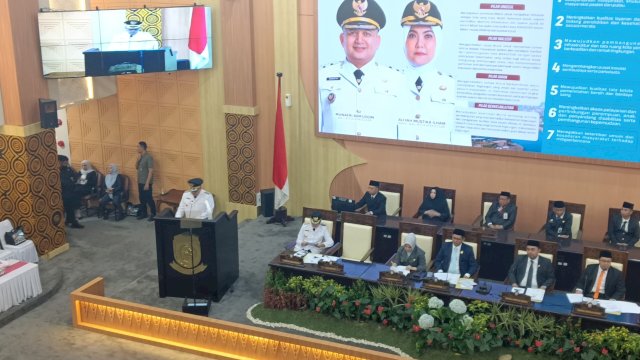 Wali Kota Makassar, Munafri Arifuddin saat berpidato dalam Sertijab Wali Kota Makassar. Foto: HN/Sinta