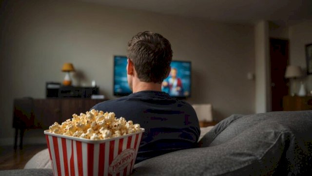 Seorang Gen Z sedang menonton streaming di Smart TV sambil menunggu waktu berbuka puasa, dengan camilan dan minuman di meja ||pixabay@Frank_Rietch