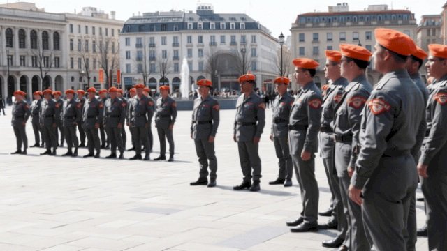 Sekelompok pria berseragam ormas dengan baret oranye berdiri dalam formasi militer di ruang public ||ilustrasi_imagebyandiawaltjoheng@harian.news