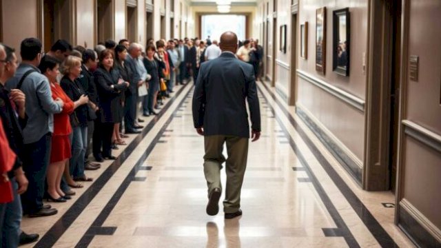 Seorang pejabat publik berjalan sendiri di koridor gedung pemerintahan, meninggalkan kerumunan rakyat yang dulu mengantarnya saat kampanye ||ilustrasi_imagebyandiawaltjoheng@harian.news