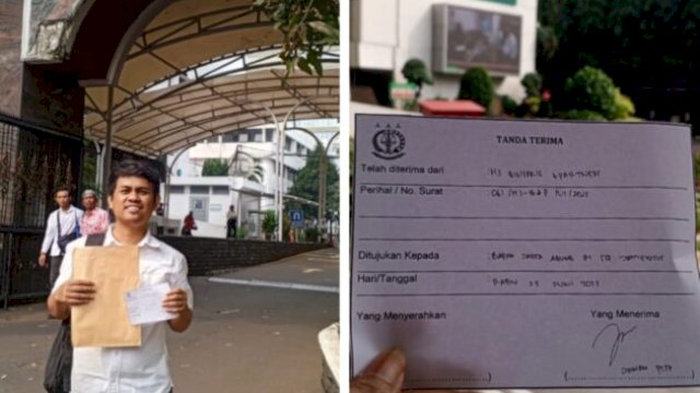 Foto dokumentasi menunjukkan penyerahan berkas laporan oleh Irwan,SH. di gerbang utama Kejaksaan Agung RI, disertai tanda terima resmi bernomor 061/HJ-B&P/VI/2025 tertanggal 25 Juni 2025 ||handover 