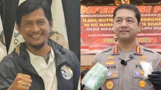 Sekretaris Gibran Center Sulsel Illank Radjab (kiri) dan Kapolrestabes Makassar Kombes Arya Perdana saat merilis perkara 10 Kilogram sabu dan narkotika lainnya. Foto Ist