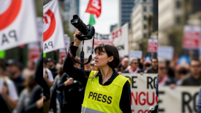 Ilustrasi jurnalis tengah meliput aksi demonstrasi ||imagebyandiawaltj@harian.news 