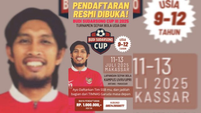Flyer resmi Budi Sudarsono Cup III – 2025. Turnamen sepak bola usia dini bergengsi hadir di Makassar! Yuk, daftarkan tim SSB kamu sekarang!