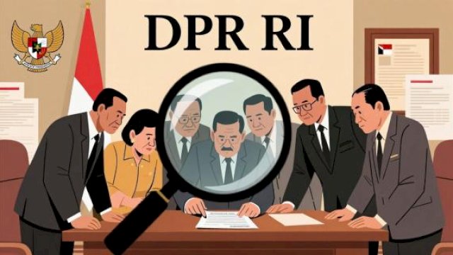 Ilustrasi anggota DPR yang memantau kebijakan pemerintah dengan menggunakan kaca pembesar, melambangkan peran DPR sebagai pengawas dan pengontrol atau Watchdog ||imagebyharian.news