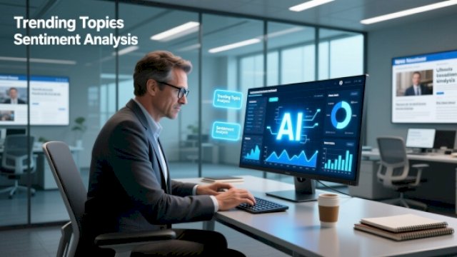 Ilustrasi wartawan sedang menggunakan komputer dengan aplikasi AI untuk riset data ||imagebyAI@harian.news 