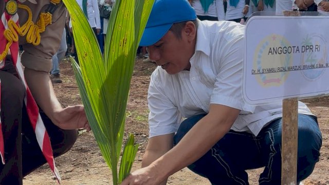 Anggota DPR RI Fraksi PKB, Dr. Syamsu Rizal MI penanaman pohon kelapa di Selayar, Sabtu (15/11). 
