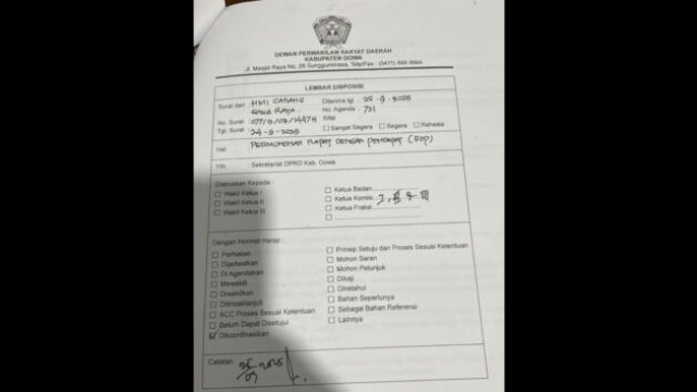 Lembar disposisi HMI CAGORA ke DPRD Gowa bulan September 2025|| yusrizal@harian.news 