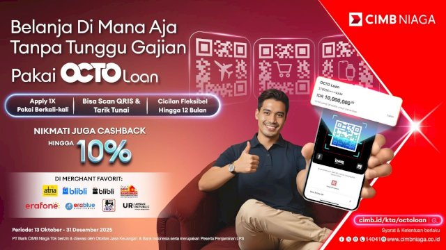 Terbaru, CIMB Niaga melalui produk pinjaman OCTO Loan meluncurkan fitur Bayar Transaksi Pakai QRIS dari aplikasi OCTO dengan memanfaatkan limit pinjaman OCTO Loan. (Foto: dok CIMB Niaga)