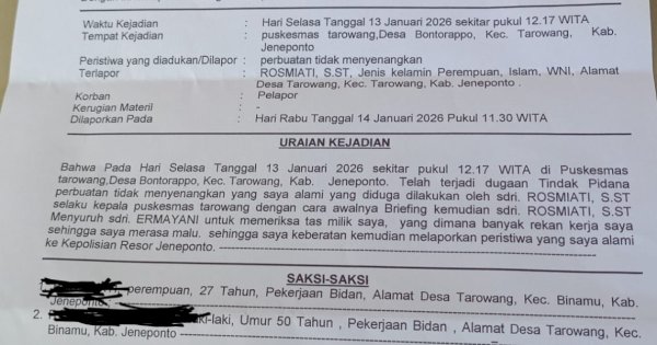 Diduga Dipermalukan Saat Briefing, Bidan Puskesmas Tarowang Laporkan Plt Kapus ke Polisi