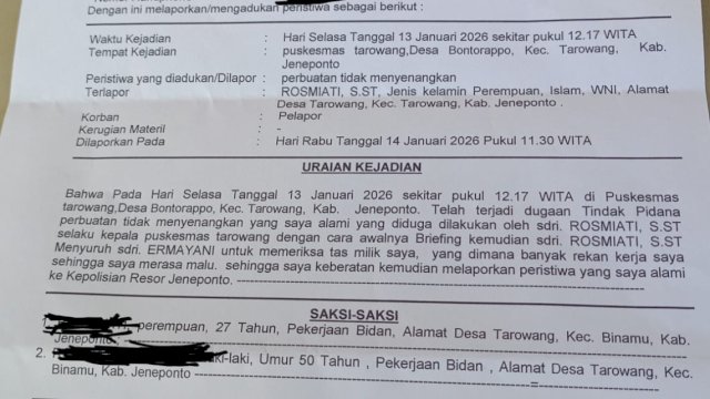 Diduga Dipermalukan Saat Briefing, Bidan Puskesmas Tarowang Laporkan Plt Kapus ke Polisi