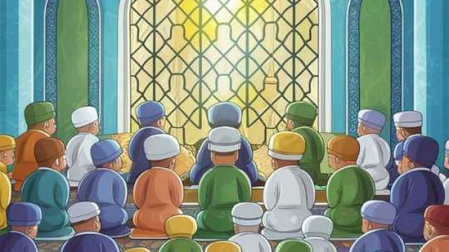 Momen salat berjamaah di masjid, menggambarkan persatuan dan kesetaraan dalam beribadah ||AImodifiedby muslimprayer@pinterest